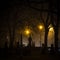 Foggy night, cementary area by the Nidarosdomen cathedral in Trondheim town