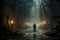 Foggy night in the forest. A man in a raincoat with a hood stands in a dark foggy forest. 3D Rendering AI generated Generative AI