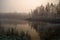 Foggy October dawn on a rustic pond. Petrovsky, Pushkin Mountains. Russia