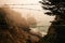 Foggy Pacific Ocean Through a Barbed Wire Fence