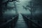Foggy passages wooden walkways immersed in thick mist evoke a mystical journey