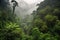 foggy rainforest landscape with layers of trees and hills