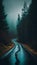 Foggy Rainy Road Through Forest. Generative ai