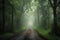 a foggy road in the middle of a forest with trees on both sides of it and a light at the end of the road