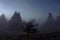 Foggy rocks and tree at sunrise in Capadocia