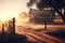 Foggy rural landscape with old wooden house and fence at sunrise