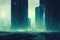 foggy scene of a cyberpunk future city, neon lights, ai generated image