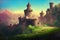 a foggy scenery of a castle building, anime art, ai generated image