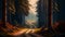 Foggy Straight road in forest. Beautiful landscape illustration