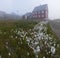 Foggy summer morning in Greenland. The picturesque Ilulissat village on the Greenland Sea shore. Old wooden house in Ilulissat