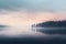 Foggy sunrise near the lake. fog in the morning forest. Generated AI illustration