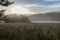 Foggy sunrise over Pochuck Mountains marshy foothills late summer