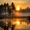 Foggy sunrise on the river in the forest. Beautiful landscape