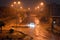 foggy unclear scene of the streets due to heavy rains flooding with stormy wind, thunder and lightning in Cairo, Egypt