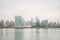 Foggy view of the Manhattan skyline from Gantry Plaza State Park, in Long Island City, Queens, New York City