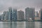 Foggy view of the Manhattan skyline from Gantry Plaza State Park, in Long Island City, Queens, New York City