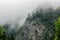 Foggy weather in the mountains. Old pine trees and rocks in the haze