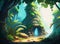 Foggy wet jungle with mysterious glowing cave, cartoon style.