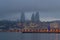 Foggy winter twilight in the Baku bay. Baku, Azerbaijan