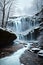 Foggy winter waterfall and melting snow AI generated art