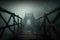 foggy wooden bridge over a dark and mysterious abyss