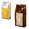 Foil, paper or plastic gusseted bag with blank label - color set, realistic vector illustration. Stand up pouch. Coffee, tea