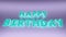 Foiled air balloon blue, capital letters HAPPY BIRTHDAY congratulation text on purple background. Children`s holiday