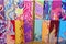 Folded bright colorful pieces of quilting batik fabrics