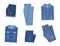 Folded denim clothes. Trendy various fashion jeans garment blue shorts, breeches and pants, jacket, shirt and overalls