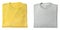 Folded grey and yellow sweaters on background, top view