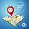 Folded maps navigation, with red color point markers, i am here message design