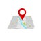 Folded paper map with pin. Flat city icon with road, street for gps navigation in travel. Route direction marker in place journey