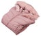 Folded pink woman full zipper down jacket, rain proof winter jacket with fur isolated on a white background.