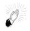 Folded praying hands drawn with black contour lines on white background. Beautiful retro drawing of religious prayer`s