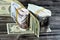 Folded stack Egypt money banknote bills of 100 and 50 EGP LE one hundred Egyptian and fifty Pounds on USA American dollars