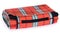 Folded up travel, picnic blanket grille with red, blue, black.