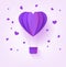Folded violet paper hot air balloon in form of heart surrounded by little heart shapes on pastel background.