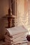 Folded white powder towels in front of an ancient lantern on the windowsill.