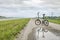 folding bike on a levee trail along Chain of Rocks Canal near Granite City