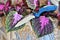 Folding everyday knife stainless steel blade blue handle pink violet color leaves