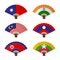 Folding fan or hand fan National flag concept design set Taiwan, India, Malaysia, Laos, North Korea and Myanmar isolated on white