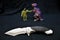 Folding knife beautiful rare design cutting silver edge black handle and alien toys macro background