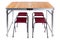 Folding picnic table, set in a high position, there are chairs under the table, on a white background