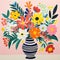 Folk Art-inspired Bouquet Of Flowers In Vase On Pink Background