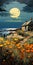Folk Art Oil Painting Giclee Print: Coastal House With Thatched Roof And Alien World