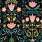 Folk art pink, gold flowers and teal leaves. Paper cut out effect on leaves. Seamless vector half drop pattern with