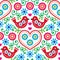 Folk art seamless pattern with flowers and birds