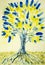 Folk art tree of life with yellow and blue leaves.