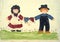 Folk art of two people holding a basket