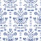 Folk Blue Flowers on White Background Vector Seamless Pattern. Delft Florals. Hand-drawn doodle monochrome flora.